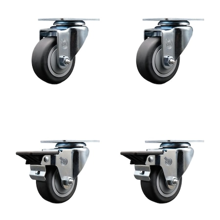 Service Caster 3'' Thermo Rubber Wheel Swivel Top Plate Caster Set with 2 Posi Brakes, 4PK SCC-20S314-TPRB-2-PLB-2